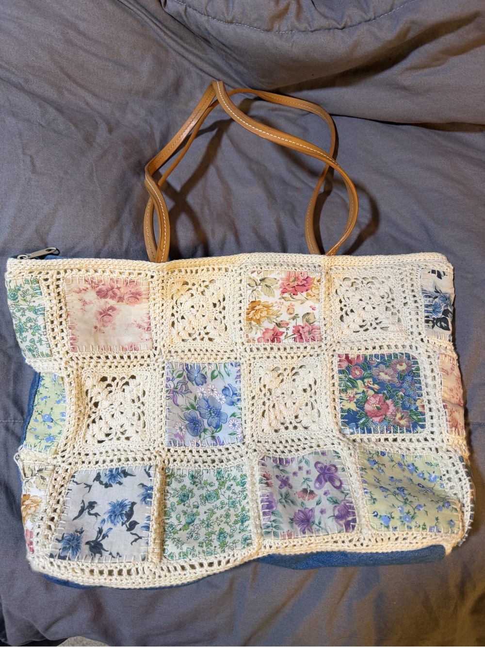 Crochet Patchwork Floral Tote Bag in Cream and Multicolor